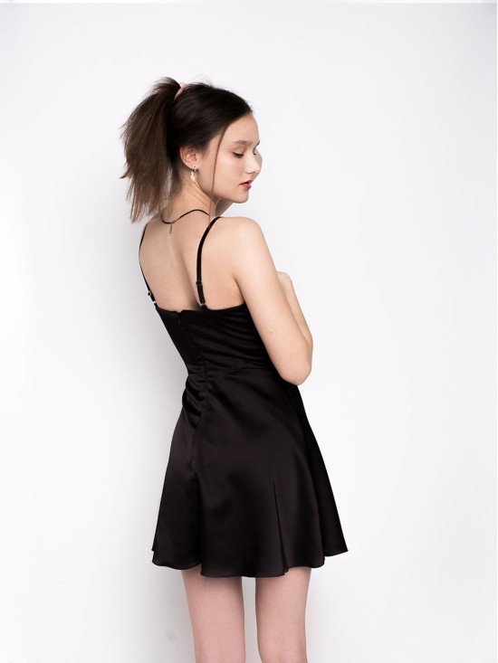 Siyah Asetat Saten Ayarlanabilir Askılı Mini Elbise